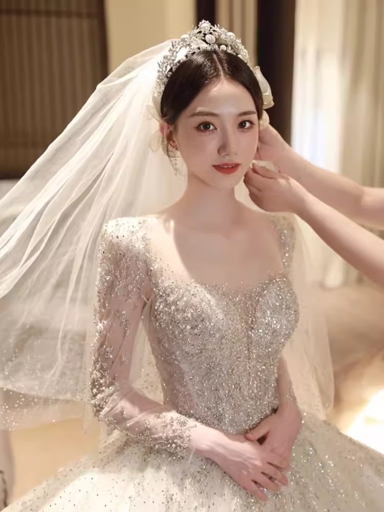 Long sleeved Wedding Dress for the Bride in 2024 new Main wedding dress plus size Boho Lace Appliques Tulle Sexy Beach Illusion Bodice Bow Backless A-