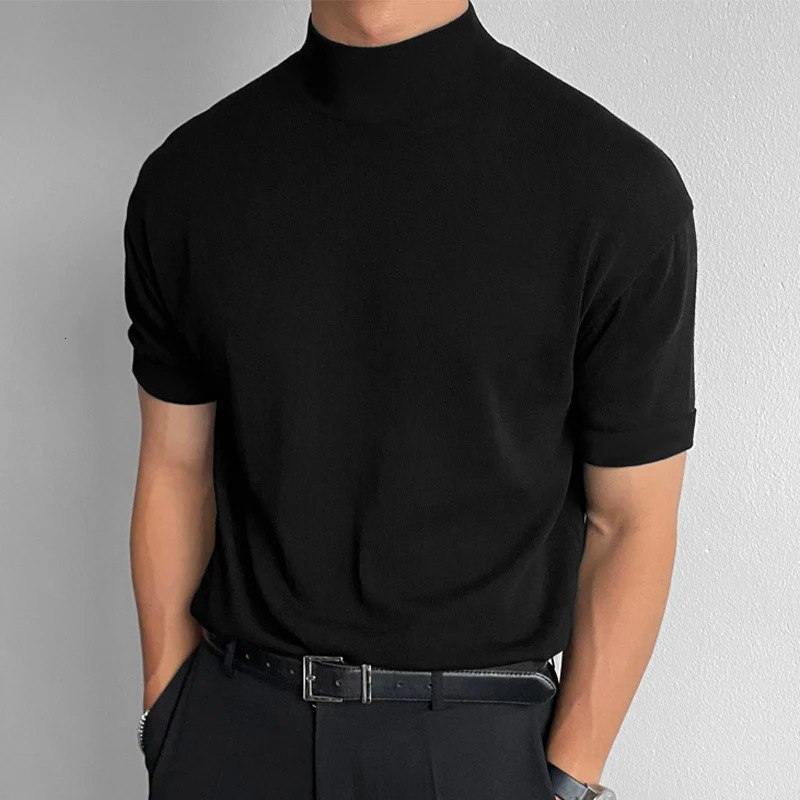 Korean Fashion Mock Neck Men T Shirt Short Sleeve Solid Basic Top Mens Streetwear Casual All-match Plain T-shirts Mens Oversize 240306