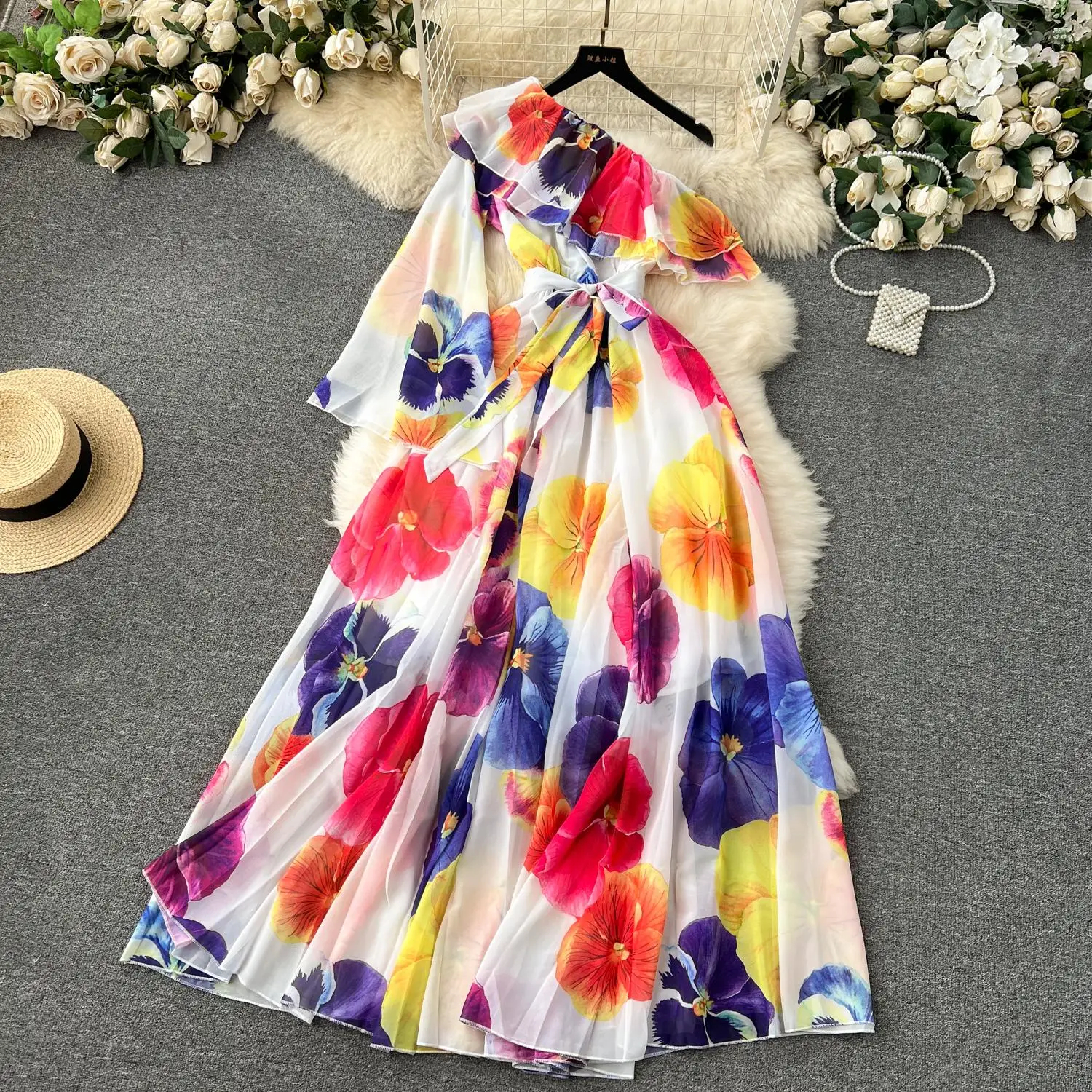 Basic Casual Dresses Summer One Shoulder Long Chiffon Dress Womens Flare Sleeve Flower Print Belt Lace Up Holiday Beach Maxi