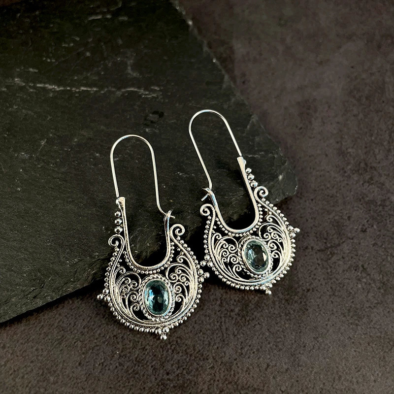 Vintage Silver Hook Earrings Bohemia Aquamarine Blue Stone Hollow Flower Fashion Jewelry 240305
