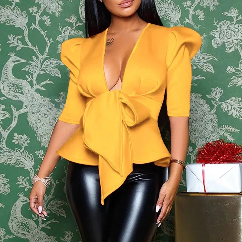 HOUZHOU Women Peplum Blouse Tops with Waist Belt Bowtie Half Sleeve Deep V Neck Sexy Party Clubwear Night Date Out Evening Bluas 240301