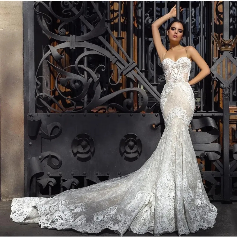 Lace Stunningbride 2024 Mermaid Wedding Dresses Spaghetti Straps Trumpet Sexy Appliqued Court Train Tulle Country Bridal Gowns YD 0219