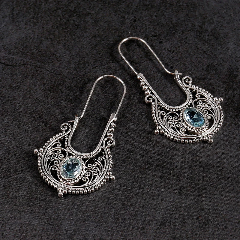 Vintage Silver Hook Earrings Bohemia Aquamarine Blue Stone Hollow Flower Fashion Jewelry 240305