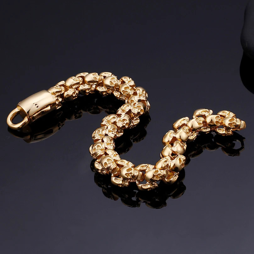 Full Skull Head Chain Bracelet Men Gothic Mens Bracelets Bangles Punk Rock Gold Plated Stainless Steel Bikers Jewellery 240226