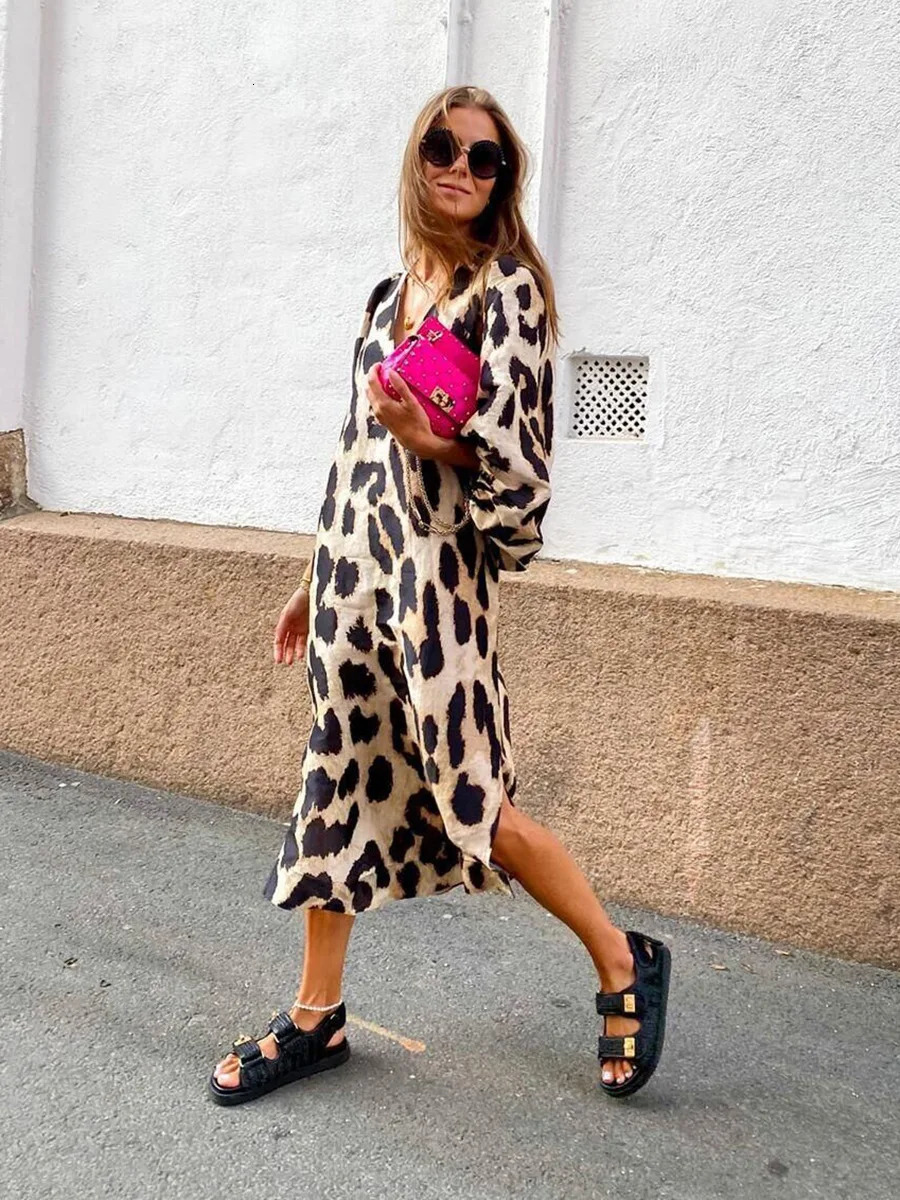 Jocoo Jolee Bohemian Maxi Dres Casual Lanter Sleeve V Neck Leopard Loose Long Dress Oversized Fashion Female Dresses 240308