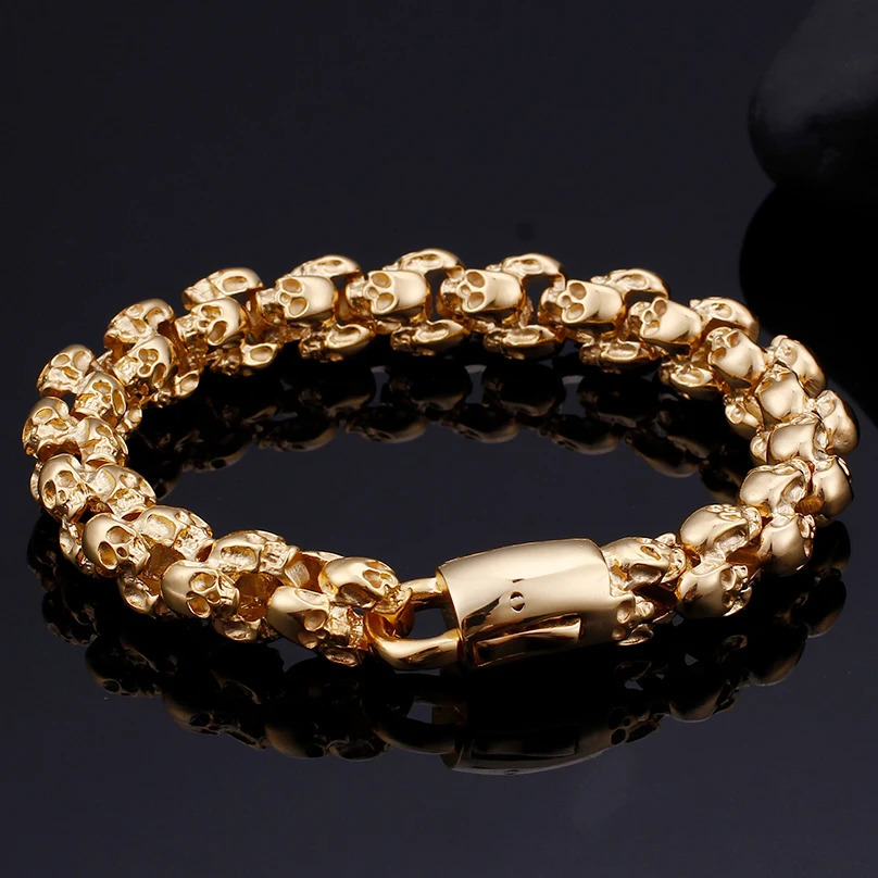 Full Skull Head Chain Bracelet Men Gothic Mens Bracelets Bangles Punk Rock Gold Plated Stainless Steel Bikers Jewellery 240226