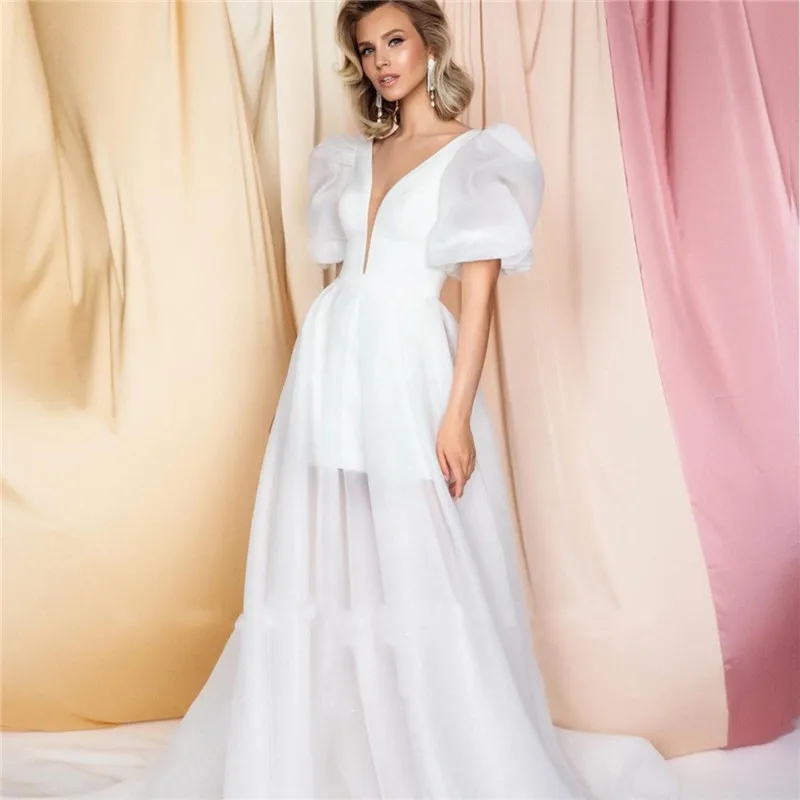 2024 Simple Short Wedding Dress Detachable Train V-Neck Puffy Sleeves Open Back Bridal Party Gowns Custom Made Vestidos De Novias Robe De Mariage