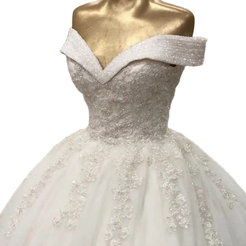 Luxury Crystal Beaded Ball Gown Wedding Dresses Lace Appliques Off Shoulder V-Neck Long Tulle Bridal Gowns Lace-Up Gorgeous Bride Dress 2024