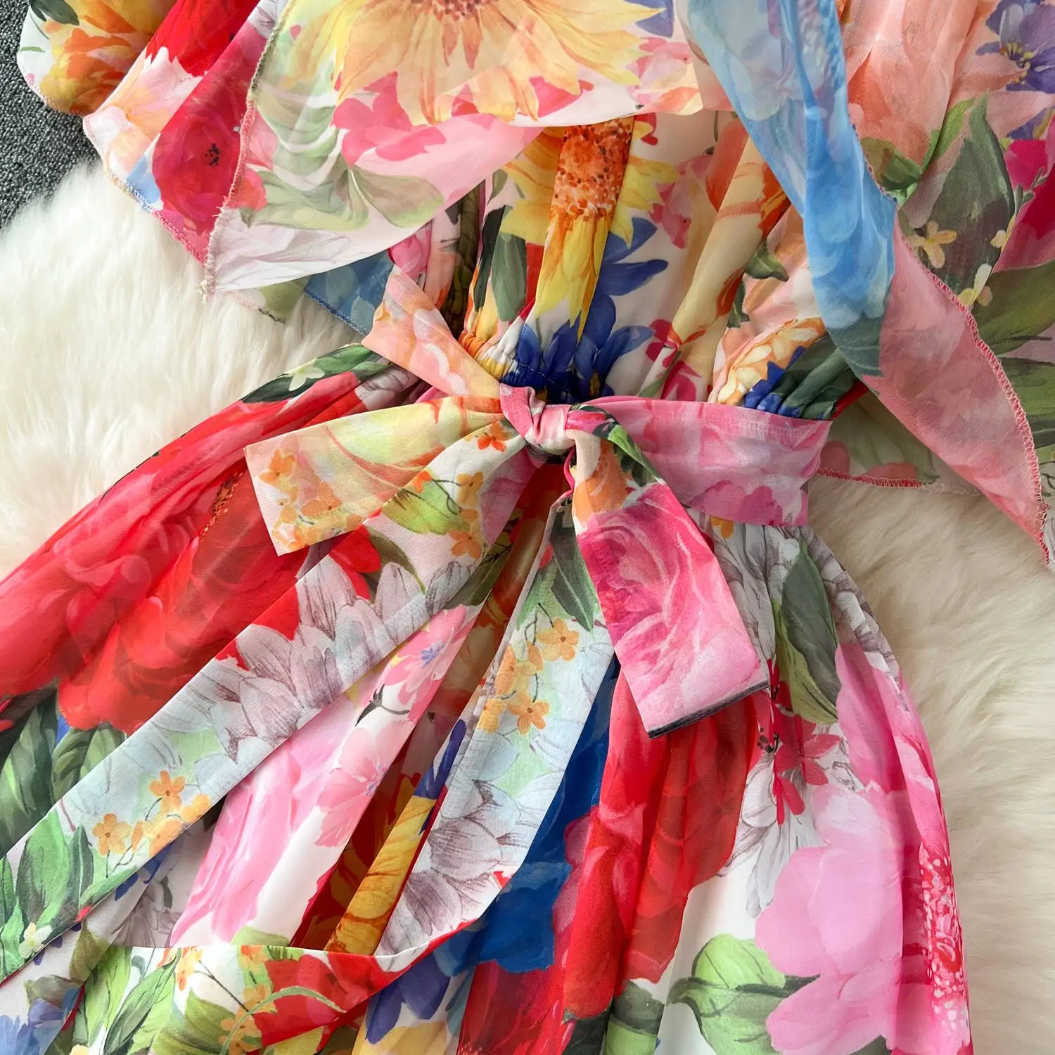 Casual Dresses 2025 Summer Off Shoulder Gorgeous Wer Holiday Chiffon Wy Dress Women's Bow Belt Elastic Waist Ral Print Long Robe
