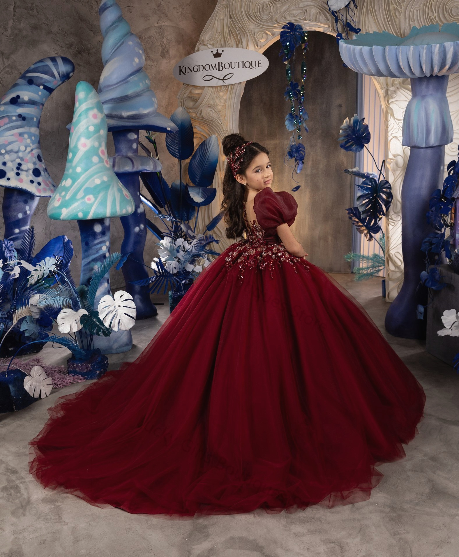 Dark Red Kids Formal Dresses 2024 O Neck Short Sleeve with Beaded Little Girls Dress for Birthday Party Gowns