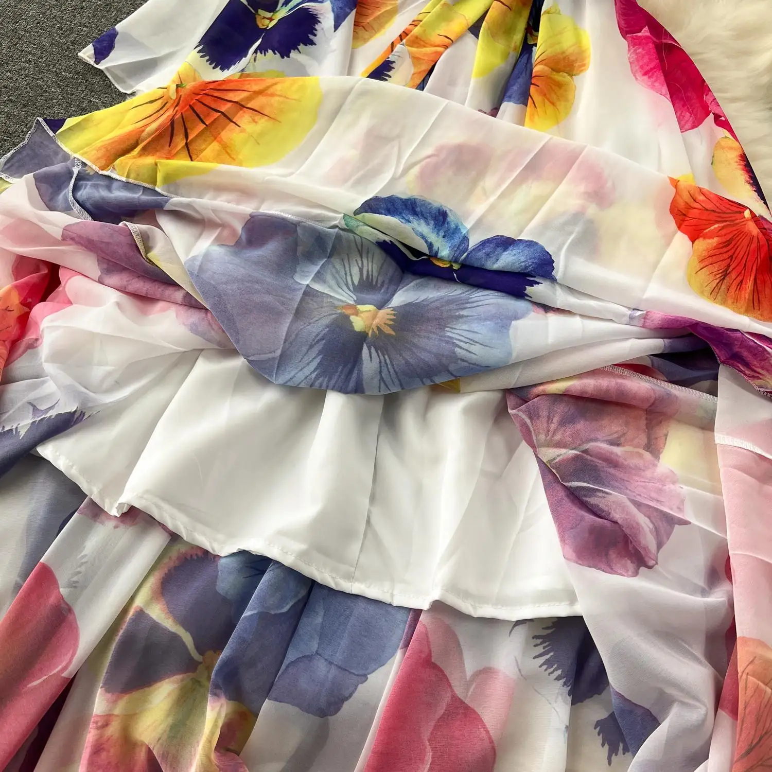 Basic Casual Dresses Summer One Shoulder Long Chiffon Dress Womens Flare Sleeve Flower Print Belt Lace Up Holiday Beach Maxi