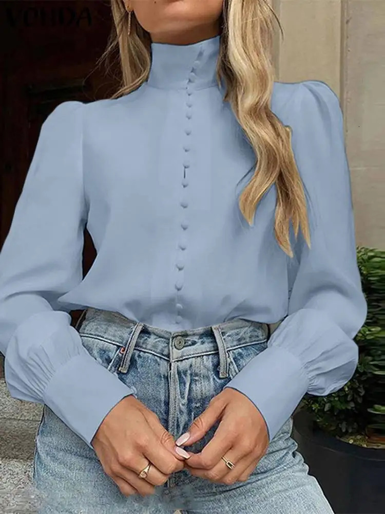 VONDA 2024 Fashion Elegant Blouse Women Long Sleeve Shirts Autumn Stand Collar Buttons Solid Color Blusas Casual Loose Tunic Top 240301