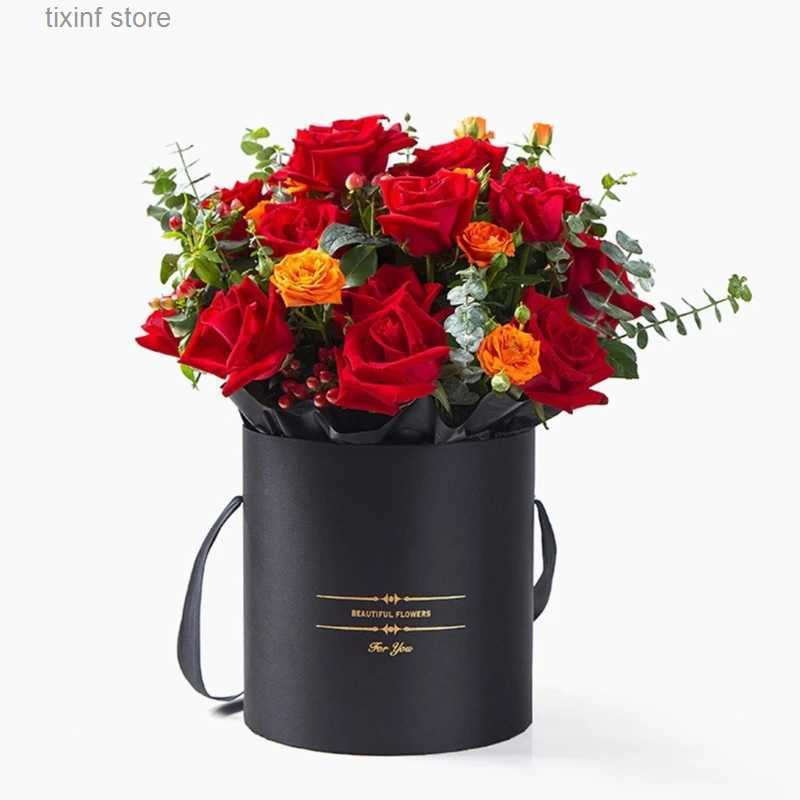 Gift Wrap 2Pcs Round Flower Boxes Women Flower Packaging Paper Bag With Lid For Florist Bouquet Flower Packaging Box Gift Storage Boxes T240309