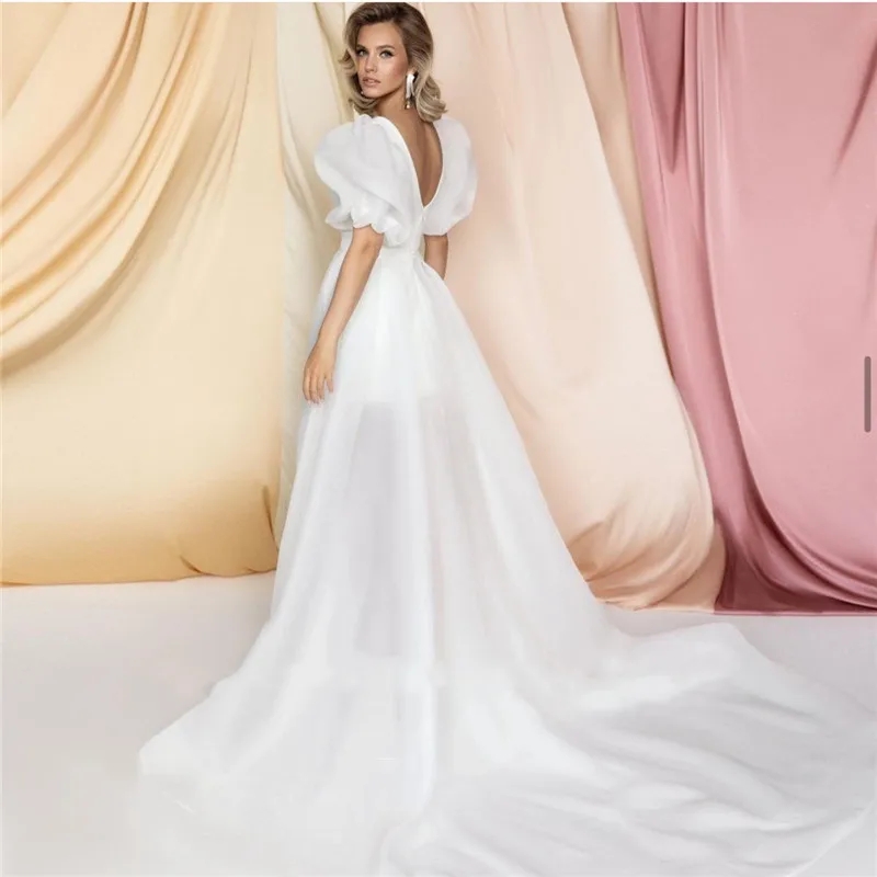 2024 Simple Short Wedding Dress Detachable Train V-Neck Puffy Sleeves Open Back Bridal Party Gowns Custom Made Vestidos De Novias Robe De Mariage