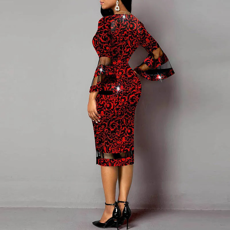 Chic Spring Vneck Print Office Dres Three Quarter Sleeve Mesh Stitching Party Dress Autumn Fashion Slim Bodycon Vestidos 240308Z