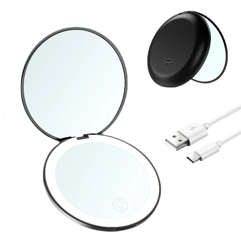 Mini Portable Folding Travel Mirror LED Light Makeup Mirror Compact Mirror 10X Magnification 2-sided Beauty Makeup Round Mirror 240228