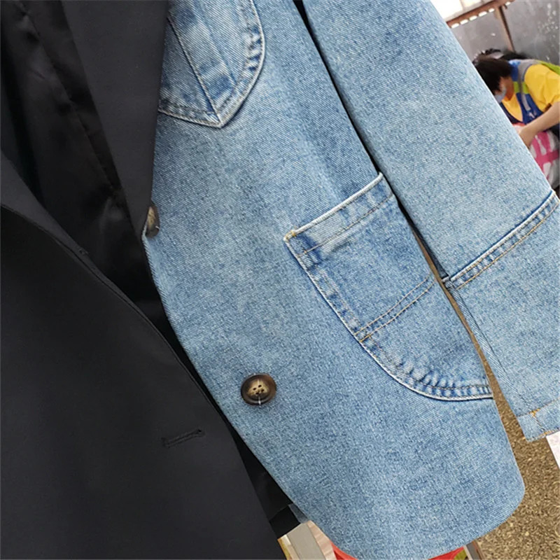Denim Patchwork Women Blazer Jacket High Quality Single Button Black Suit Loose Fashion Lady Blazers Coat Autumn 240226