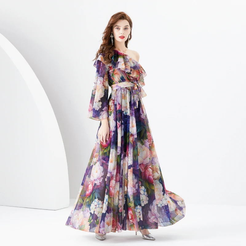 Basic Casual Dresses Summer One Shoulder Long Chiffon Dress Womens Flare Sleeve Flower Print Belt Lace Up Holiday Beach Maxi