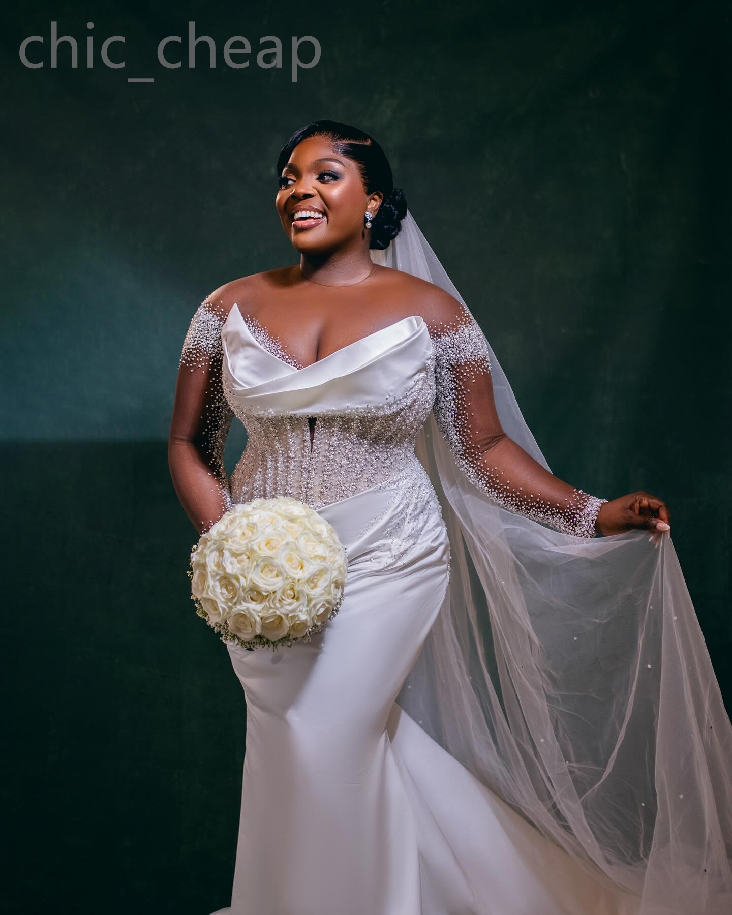 2024 Arabic Aso Ebi Plus Size White Beaded Mermaid Wedding Dress Sheer Neck Long Sleeves Bridal Gowns Dresses ZJ322