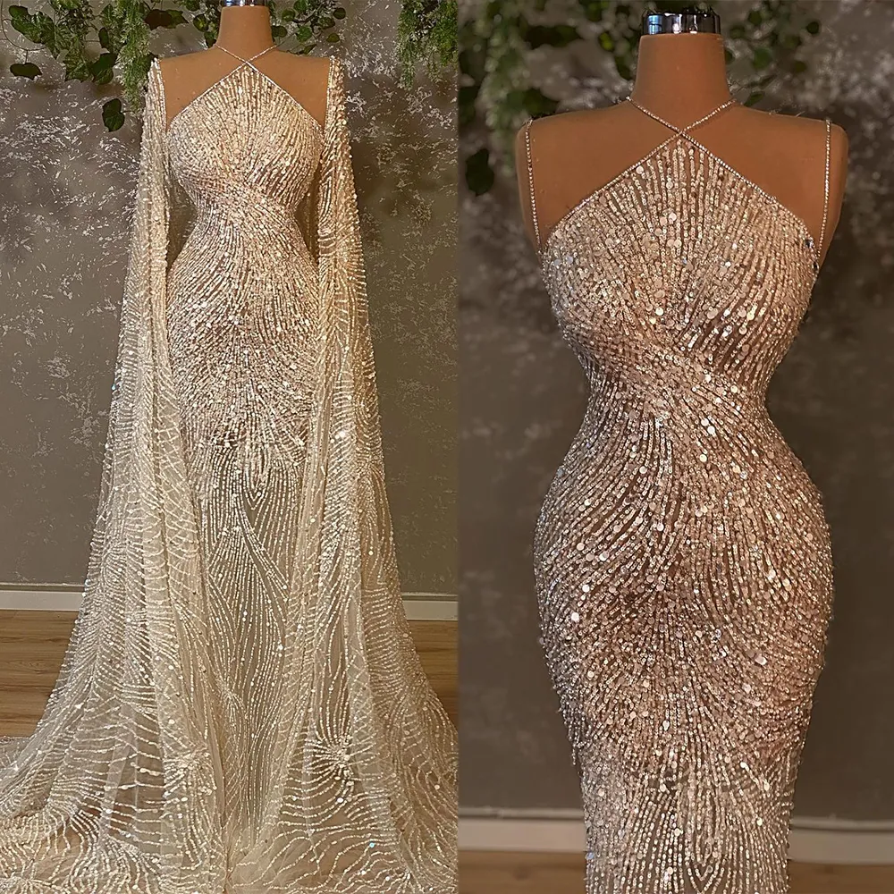 Sequined Sparkly Mermaid Wedding Dress with Wrap Illusion Bling Dubai Princess Bridal Gowns Robe De Soiree Turkish Couture Abendkleider Bride Dresses 