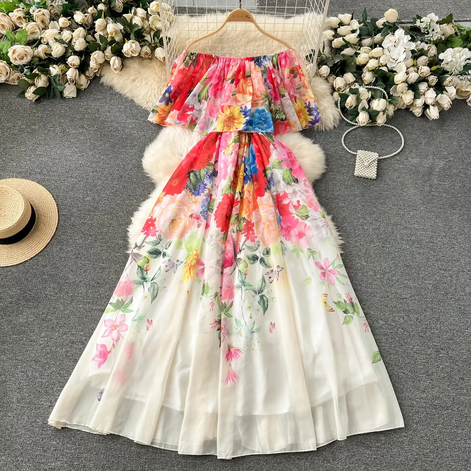 Casual Dresses 2025 Summer Off Shoulder Gorgeous Wer Holiday Chiffon Wy Dress Women's Bow Belt Elastic Waist Ral Print Long Robe