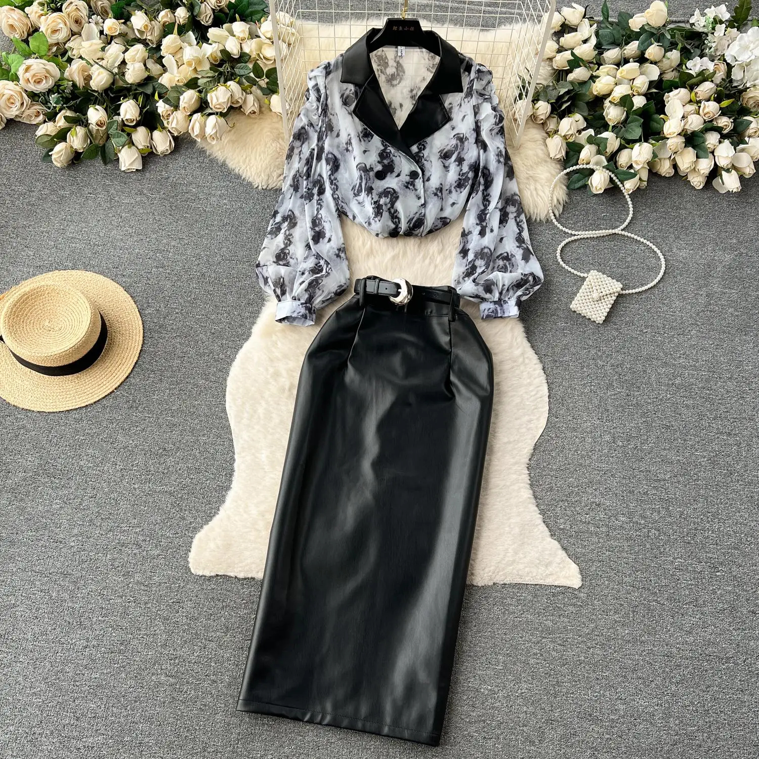 Dress Spring Summer Runway Two Piece Set Women Notched Collar Ral Print Lantern Sleeve Chiffon Tops Belt Leather Skirt Suit 2025