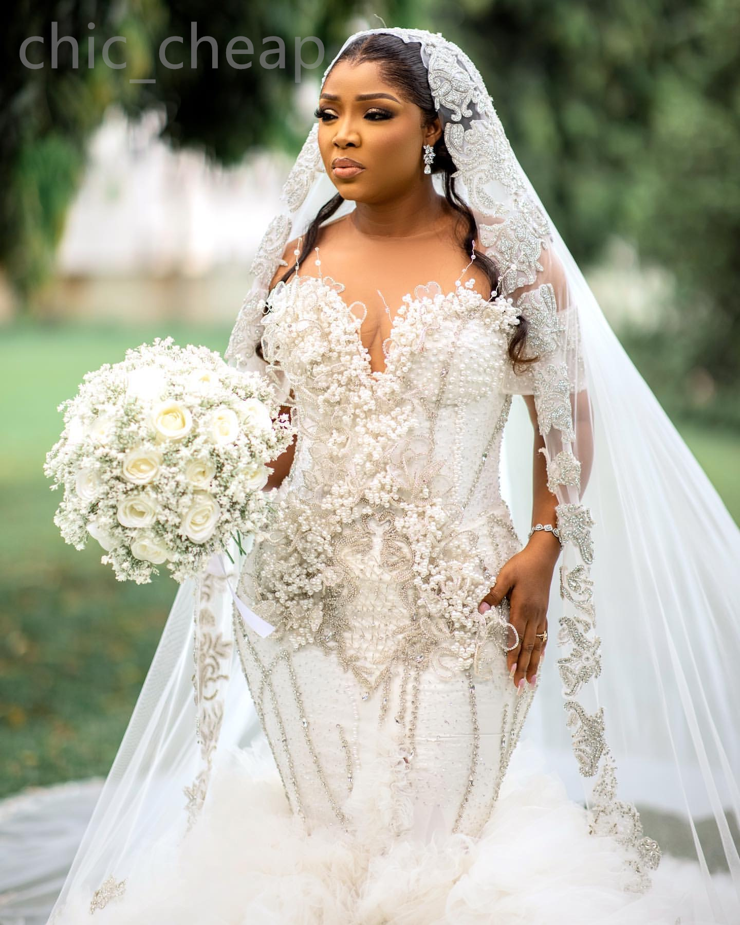2024 Arabic Aso Ebi Plus Size Ivory Lace Mermaid Wedding Dress Pearls Flowers Tiers Bridal Gowns Dresses ZJ201