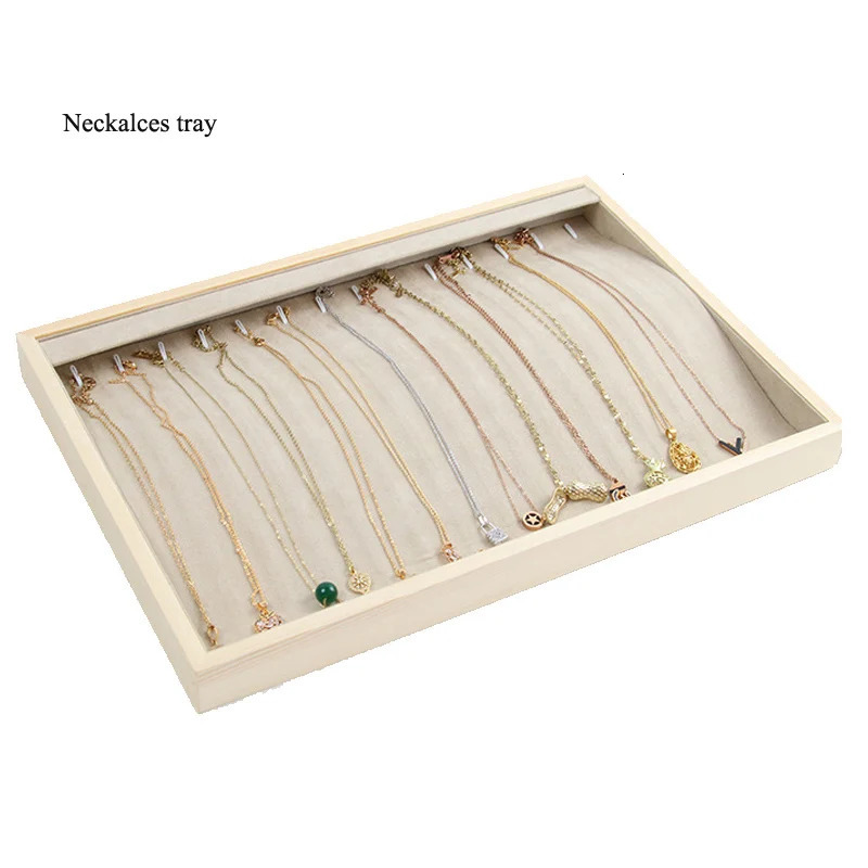 Unique-Beige Velvet Necklace Ring Earring Holder ly Wooden Jewelry Tray Series Jewelry Disply Jewellery Organizer Box 240301