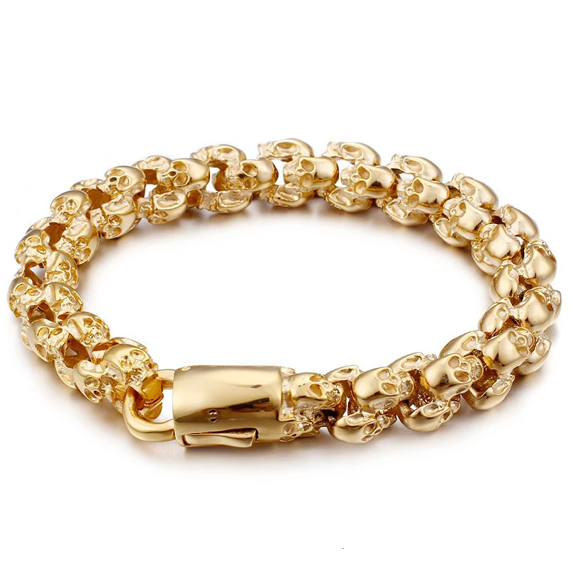 Full Skull Head Chain Bracelet Men Gothic Mens Bracelets Bangles Punk Rock Gold Plated Stainless Steel Bikers Jewellery 240226