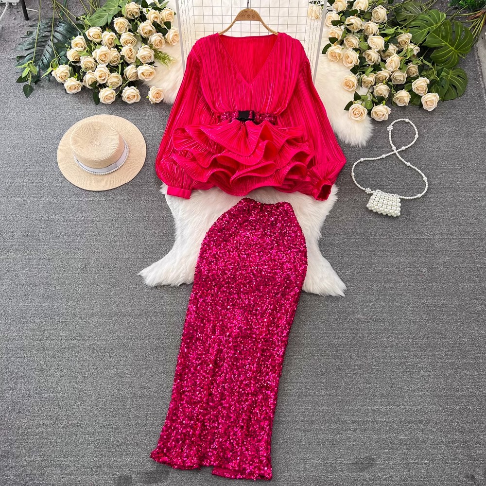 Two Piece Dress Women Sequined 2 Pieces Set Sexy V Neck Lantern Sleeve Belt Ruffles Tops Elastic Waist Bodycon Skirt Club Wear Suit