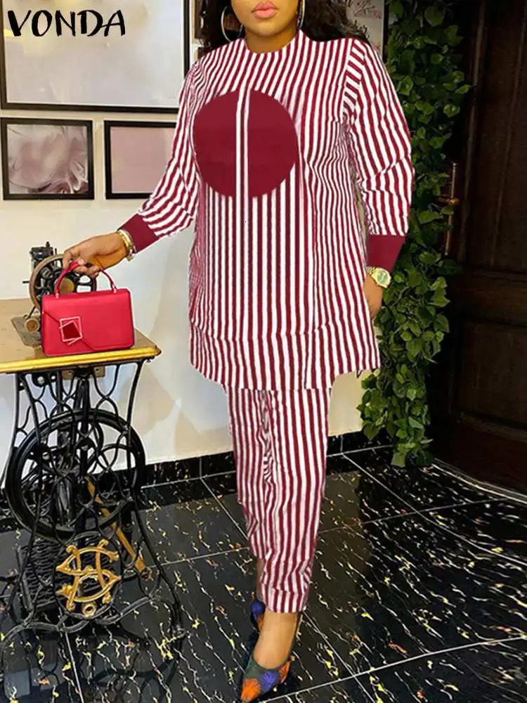 Plus Size 5XL VONDA Bohemian Women Pant Sets Autumn Striped Sets Casual Long Sleeve Printed Vintage Tops and Wide Leg Pants 240226