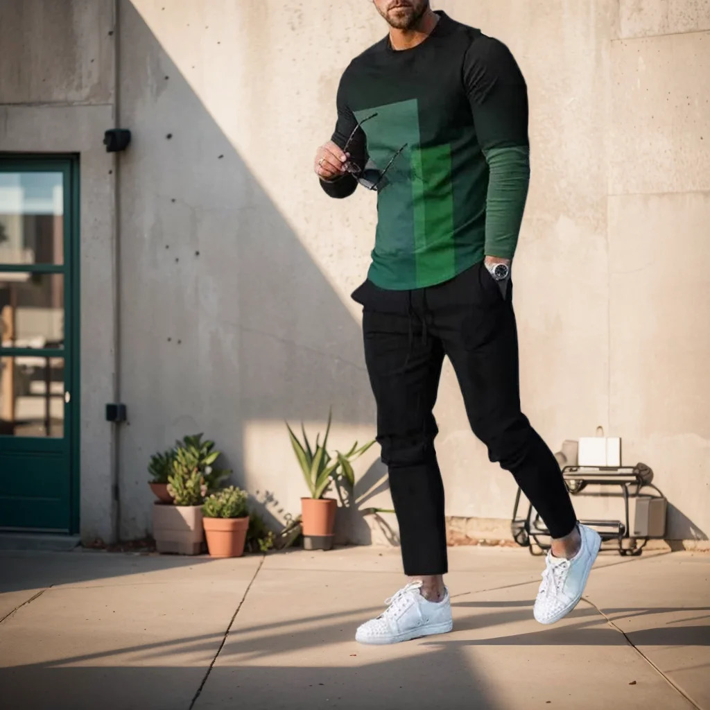 Mens Tracksuit Casual 2 Piece Sets Long Sleeve TShirt Sweatpants Set Fashion Tops Tees Outfits Oversized Men Clothing 240305
