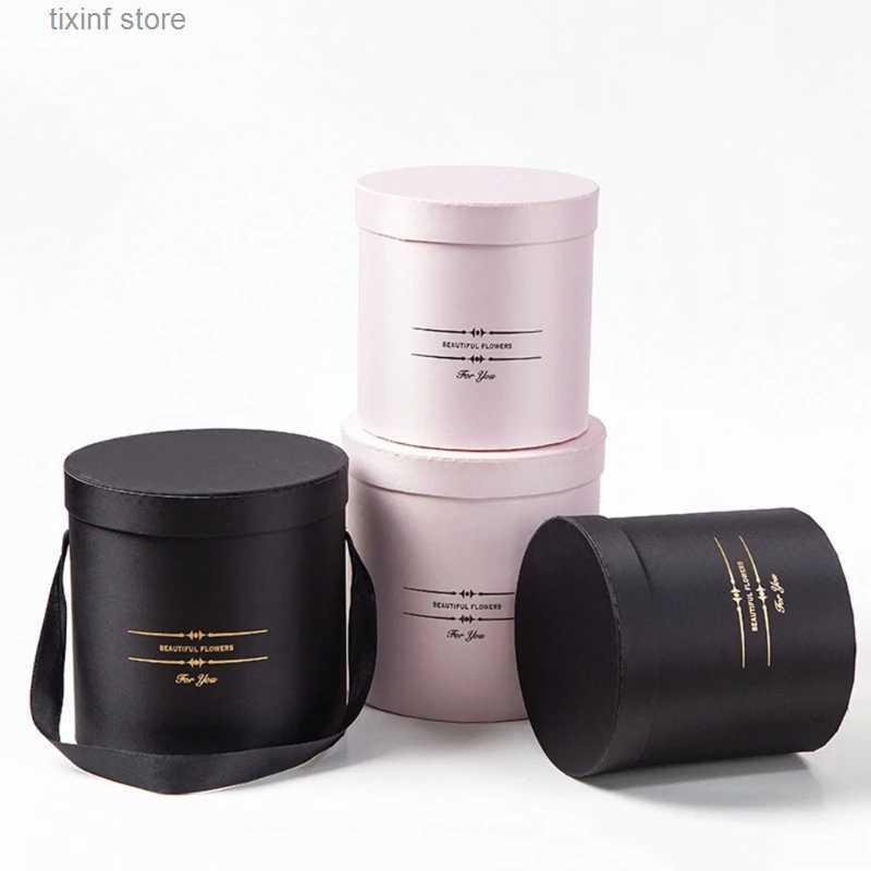 Gift Wrap 2Pcs Round Flower Boxes Women Flower Packaging Paper Bag With Lid For Florist Bouquet Flower Packaging Box Gift Storage Boxes T240309