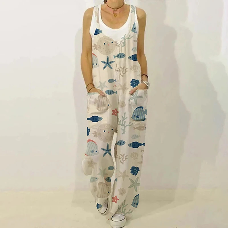 Sleeveless Jumpsuit Womens Summer Boho Floral Wide Leg Long Pants Rompers Ladies Strap Plus Size Casual Loose Beach Trousers 240308