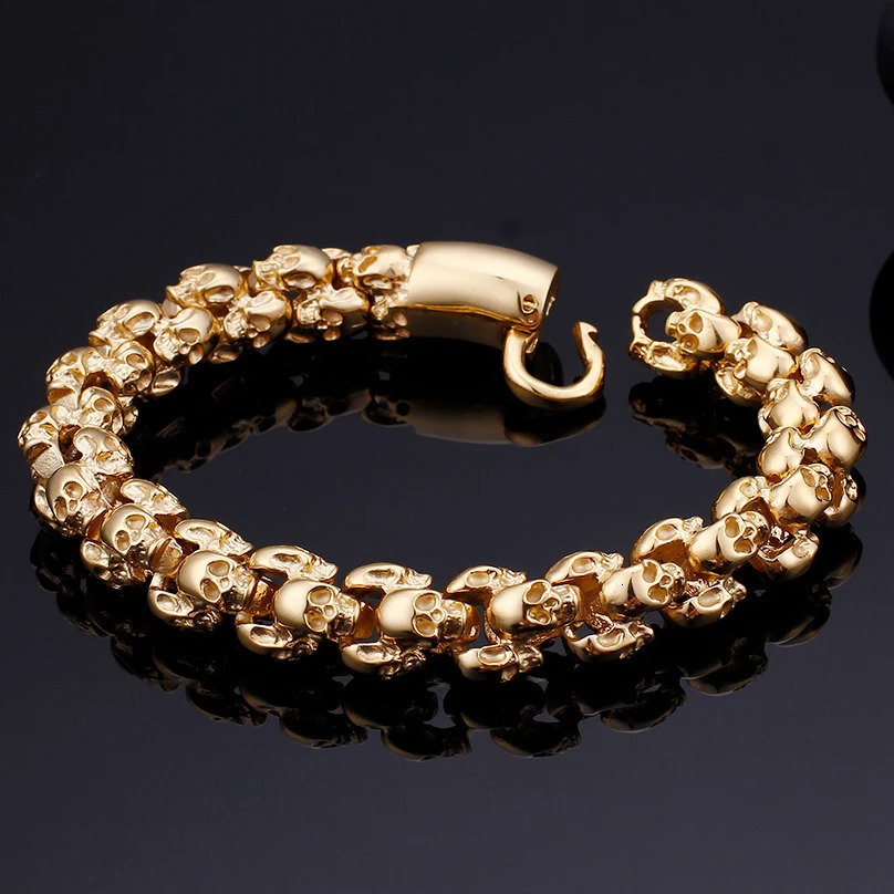 Full Skull Head Chain Bracelet Men Gothic Mens Bracelets Bangles Punk Rock Gold Plated Stainless Steel Bikers Jewellery 240226