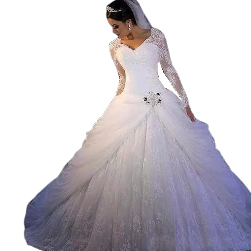 Vintage Princess Lace Wedding Dress Long Sleeves Ball Gown Bridal Gowns Ruched Ivory Floor Length Bride Wear 2024 Vestido De Novia