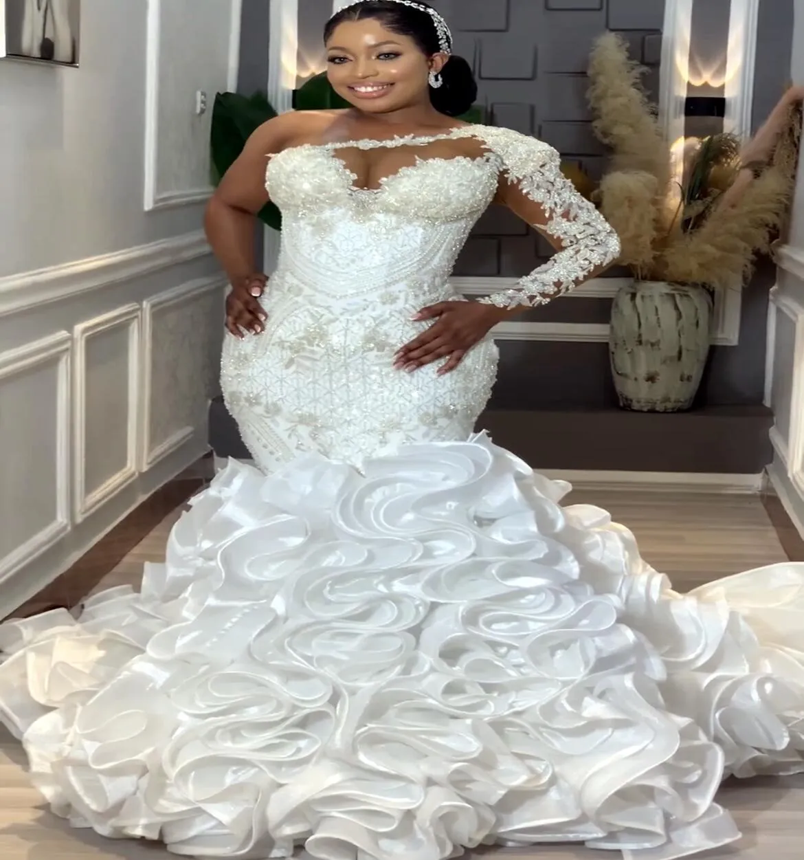 Arabic Aso Ebi Plus Size Mermaid White Wedding Dress For Bride Lace Beaded Tiers Organza Bridal Gowns Dresses Zj047 6660311