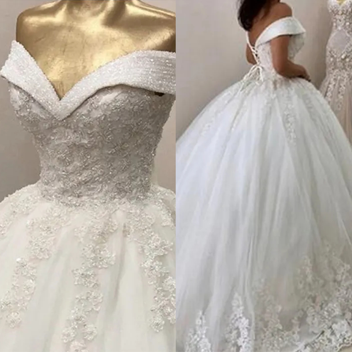 Luxury Crystal Beaded Ball Gown Wedding Dresses Lace Appliques Off Shoulder V-Neck Long Tulle Bridal Gowns Lace-Up Gorgeous Bride Dress 2024