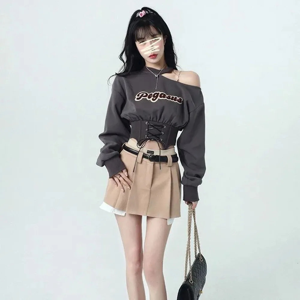 Harajuku Cropped Women Sweatshirt 2023 Autumn Crop Tops Y2k Pullover Egirl Off Shoulder Hoodies Clothes Streetwear Fashion Tees 240223