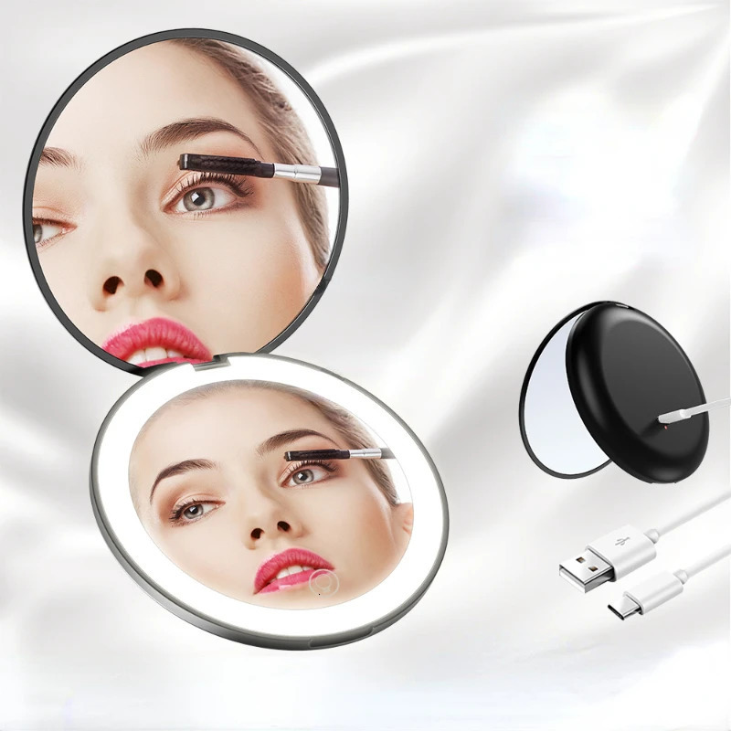 Mini Portable Folding Travel Mirror LED Light Makeup Mirror Compact Mirror 10X Magnification 2-sided Beauty Makeup Round Mirror 240228