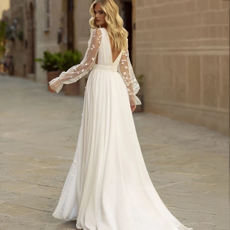 Sexy Boho Wedding Dress Deep V Neck Long Sleeves Bridal Gowns Backless Appliques A-Line Sweep Train Chiffon Vestidos De Novias Robe De Mariage