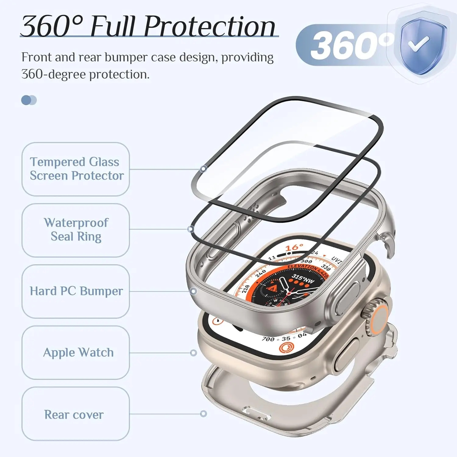 360 Full Waterproof Case For Apple Watch Ultra 2 9 7 8 45mm 41mm 49mm 44mm 40mm Glass Screen Protector Cover Case Bumper iWatch 4 5 SE 6