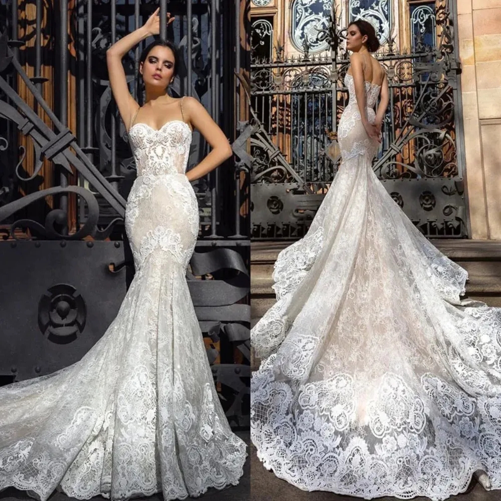 Lace Stunningbride 2024 Mermaid Wedding Dresses Spaghetti Straps Trumpet Sexy Appliqued Court Train Tulle Country Bridal Gowns YD 0219