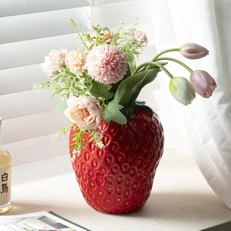 Strawberry Vase Ceramic Vase Cartoon Fruit Floral Arrangement Accessories Hydroponics Terrarium Home Decoration Accessories 240229 - view 5