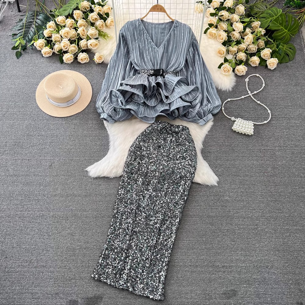 Two Piece Dress Women Sequined 2 Pieces Set Sexy V Neck Lantern Sleeve Belt Ruffles Tops Elastic Waist Bodycon Skirt Club Wear Suit