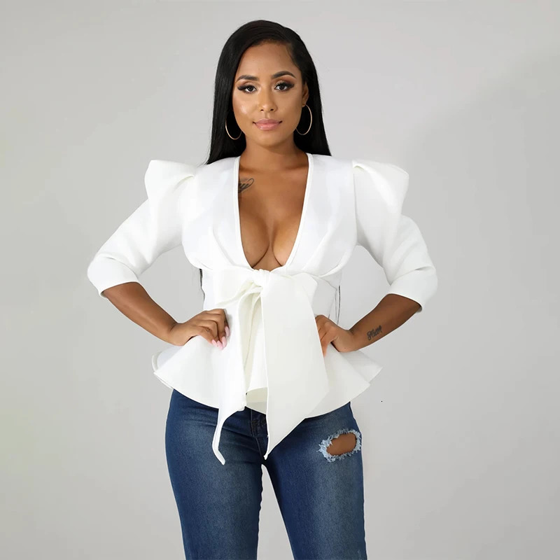 HOUZHOU Women Peplum Blouse Tops with Waist Belt Bowtie Half Sleeve Deep V Neck Sexy Party Clubwear Night Date Out Evening Bluas 240301
