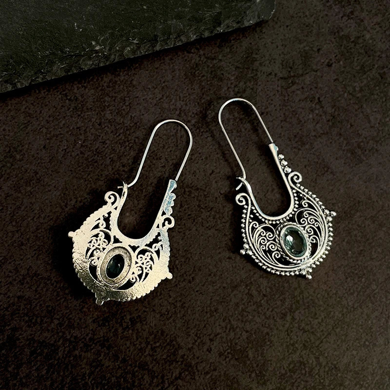 Vintage Silver Hook Earrings Bohemia Aquamarine Blue Stone Hollow Flower Fashion Jewelry 240305