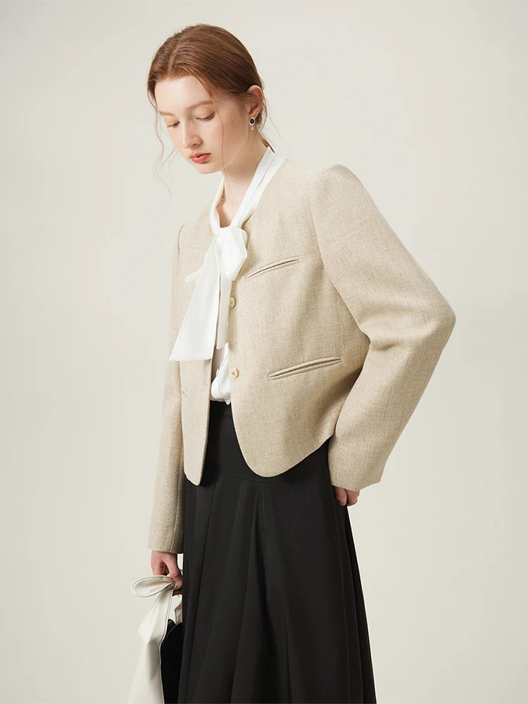 FSLE Korean Versatile Elegant Style Short Jacket for Women Spring Round Neck Temperament Coats Female 24FS11168 240226