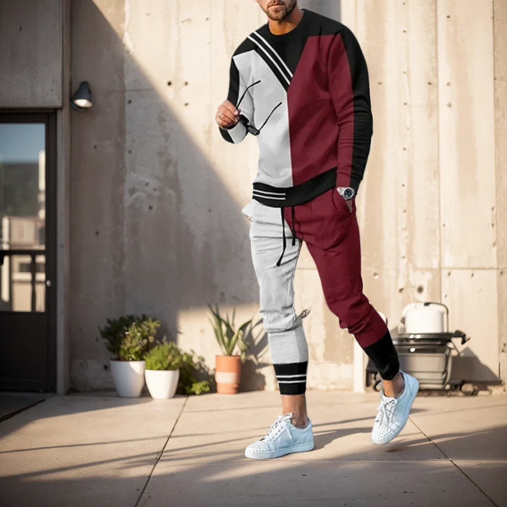 Mens Tracksuit Casual 2 Piece Sets Long Sleeve TShirt Sweatpants Set Fashion Tops Tees Outfits Oversized Men Clothing 240305