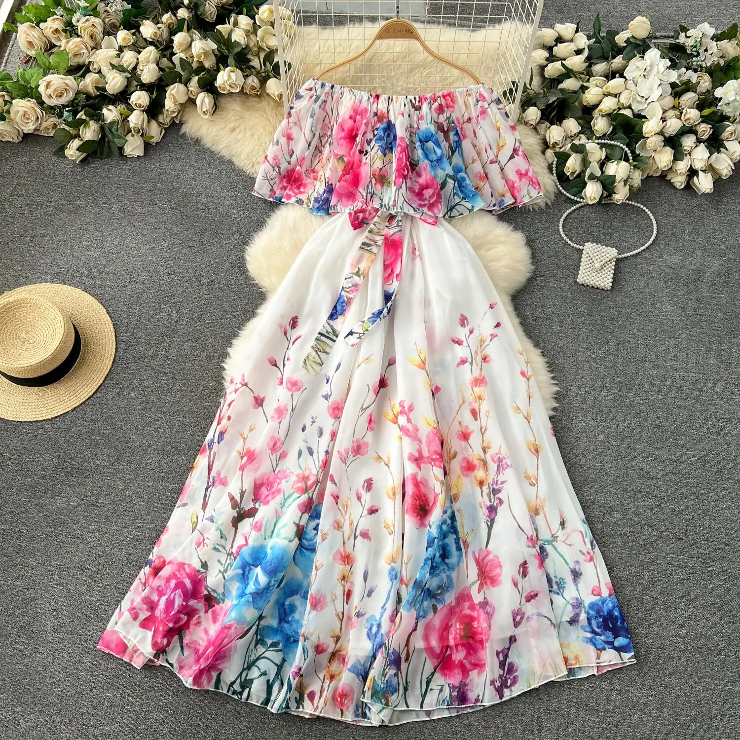 Casual Dresses 2025 Summer Off Shoulder Gorgeous Wer Holiday Chiffon Wy Dress Women's Bow Belt Elastic Waist Ral Print Long Robe